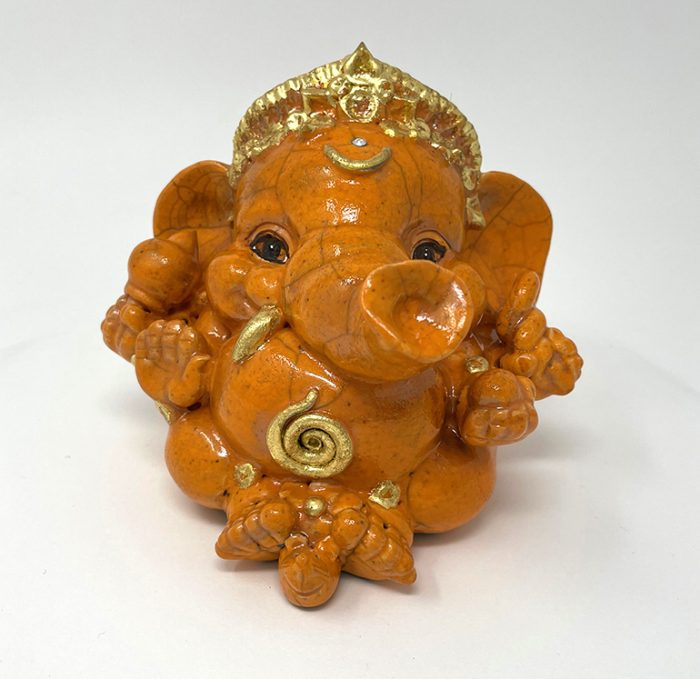 Brigitte Saugstad Ganesha Raku-11 13x14x11 ceramic statue, sculpture, idol, figurine, elephant -A