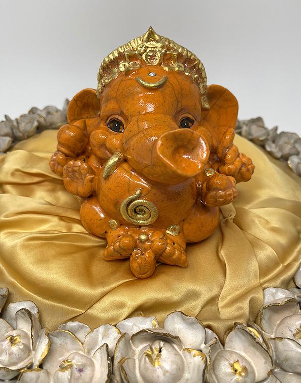 Brigitte Saugstad Ganesha Raku-11 13x14x11 ceramic statue, sculpture, idol, figurine, elephant -B