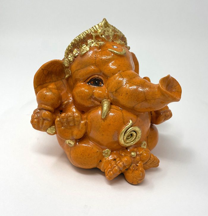 Brigitte Saugstad Ganesha Raku-11 13x14x11 ceramic statue, sculpture, idol, figurine, elephant -C