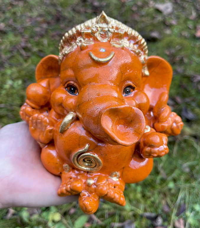 Brigitte Saugstad Ganesha Raku-11 13x14x11 ceramic statue, sculpture, idol, figurine, elephant -G
