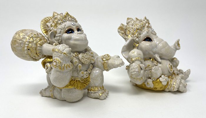 Brigitte Saugstad Ganesha-Hanuman Royal-3 ceramic statue, sculpture, idol, figurine, elephant, monkey -E