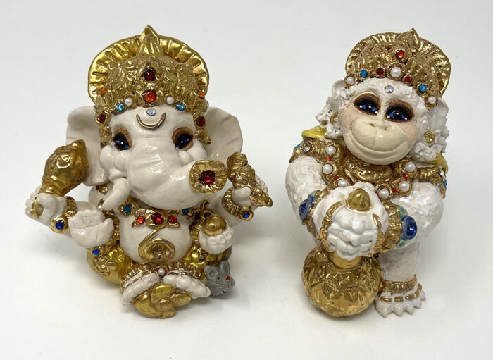 Brigitte Saugstad Ganesha-Hanuman Royal, ceramic statue, sculpture, idol, figurine, elephant, monkey -A