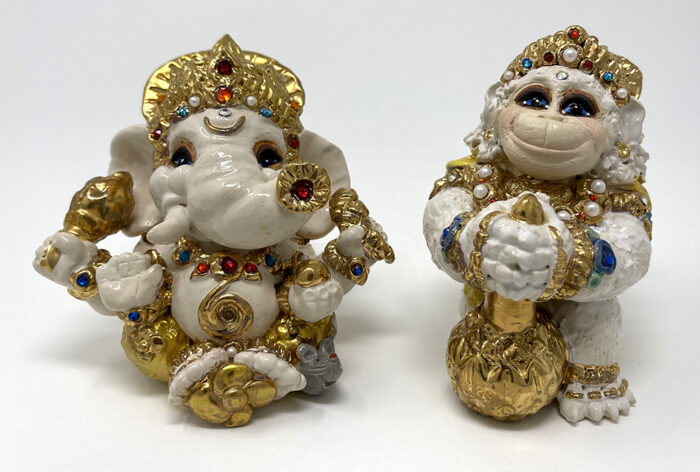 Brigitte Saugstad Ganesha-Hanuman Royal, ceramic statue, sculpture, idol, figurine, elephant, monkey -B