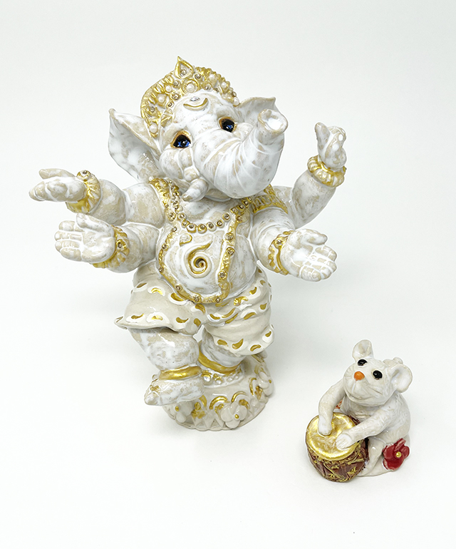 Brigitte Saugstad Ganesha Dancing+mouse-1 ceramic statue, sculpture, idol, figurine, elephant -C
