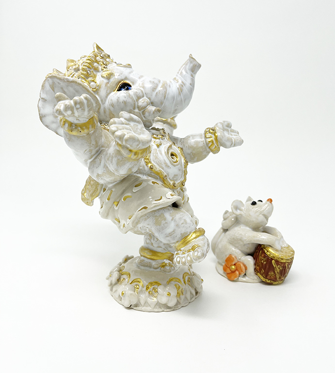 Brigitte Saugstad Ganesha Dancing+mouse-1 ceramic statue, sculpture, idol, figurine, elephant -D