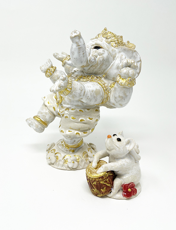 Brigitte Saugstad Ganesha Dancing+mouse-1 ceramic statue, sculpture, idol, figurine, elephant -F