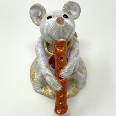 Brigitte Saugstad Mouse flute-23, hand-modelled ceramic statue, sculpture, idol, figurine -A
