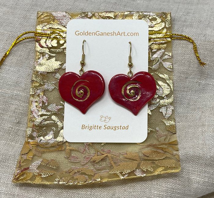 Brigitte Saugstad Earrings-11 heart-red ceramic earrings, handmade, unique, original -C