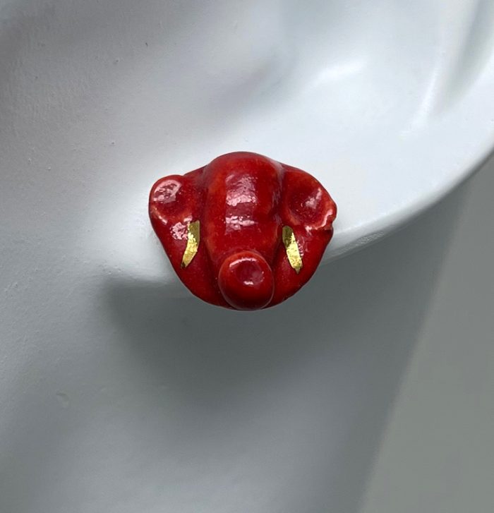 Brigitte Saugstad Earrings-18- Ganesha-red ceramic earrings, handmade, unique, original, elephant, Ganesha -A