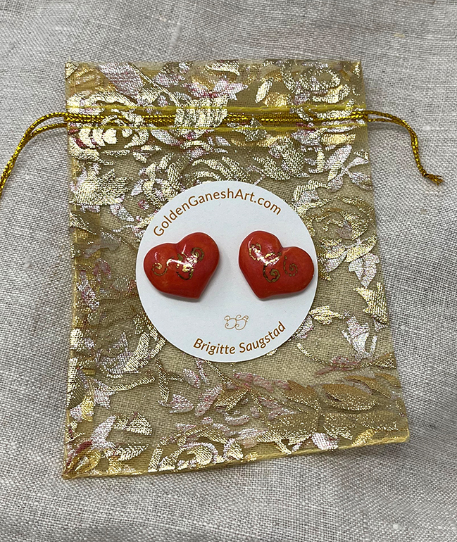 Brigitte Saugstad Earrings-28- heart-darkpink ceramic earrings, handmade, unique, original -C