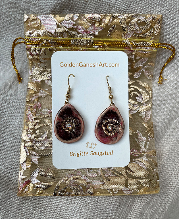Brigitte Saugstad Earrings-33 teardrop-rusticbrown-pink ceramic earrings, handmade, unique, original -C