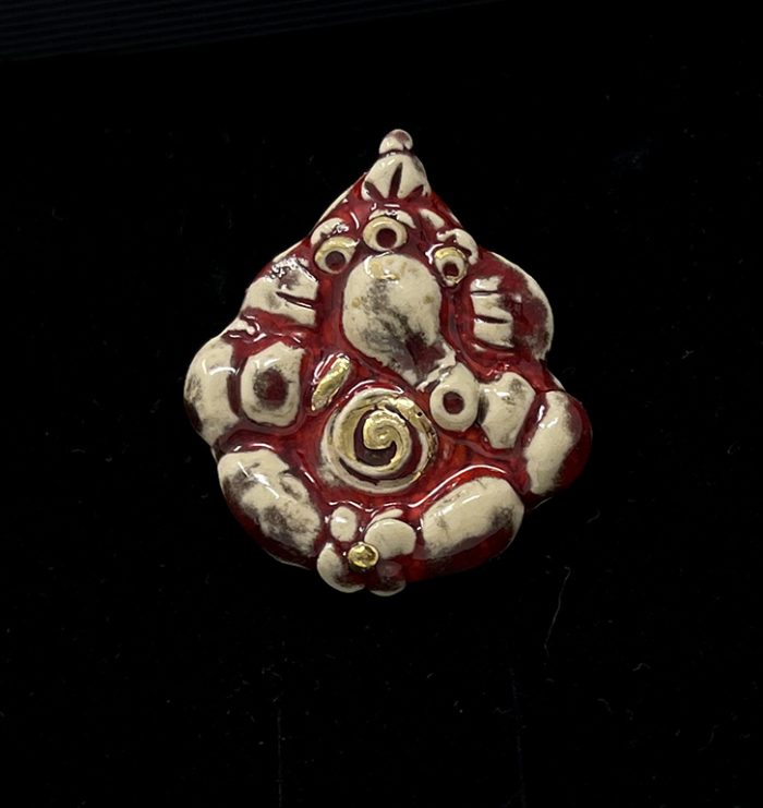 Brigitte Saugstad Ganesha Broach-2 white-raku-effect-red ceramic pendant, handmade, unique, original, elephant, Ganesha -
