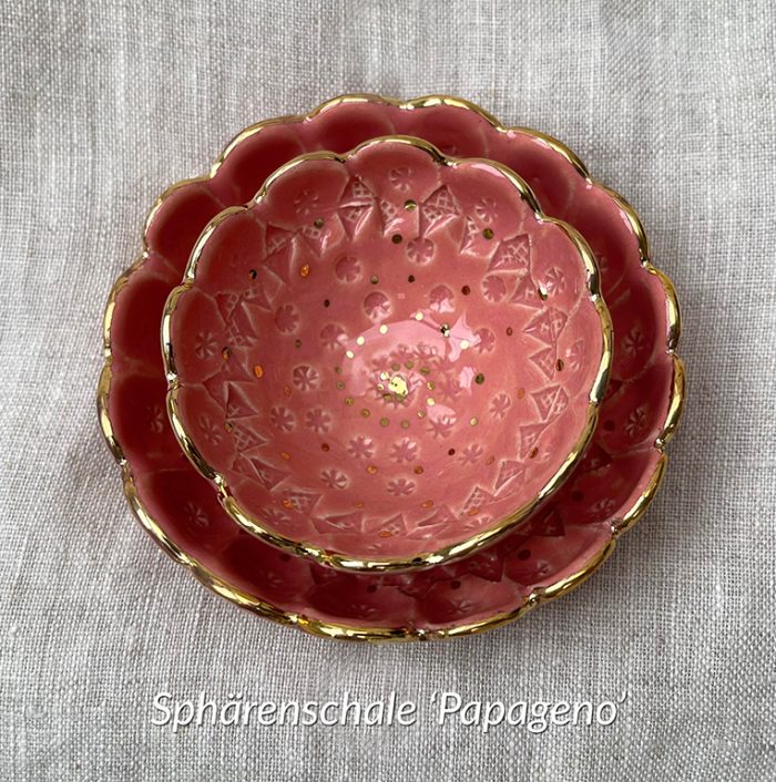 Brigitte Saugstad Papageno-20 pair round, dark pink ceramic bowls, handmade, unique, original -B