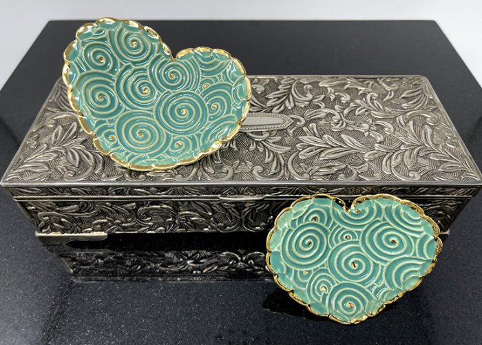Brigitte Saugstad Papageno-6 pair heart-jade ceramic heart bowls, handmade, unique, original -A