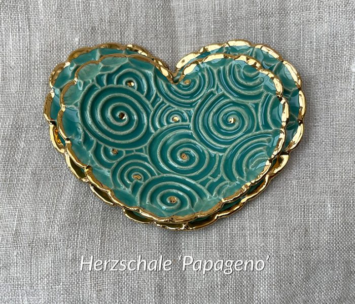 Brigitte Saugstad Papageno-6 pair heart-jade ceramic heart bowls, handmade, unique, original -C