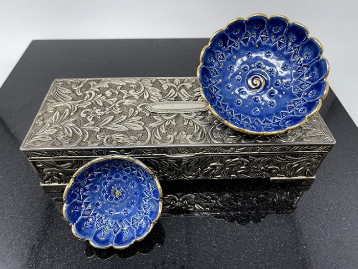 Brigitte Saugstad Papageno-7 pair round-darkblue ceramic bowl, handmade, unique, original -A