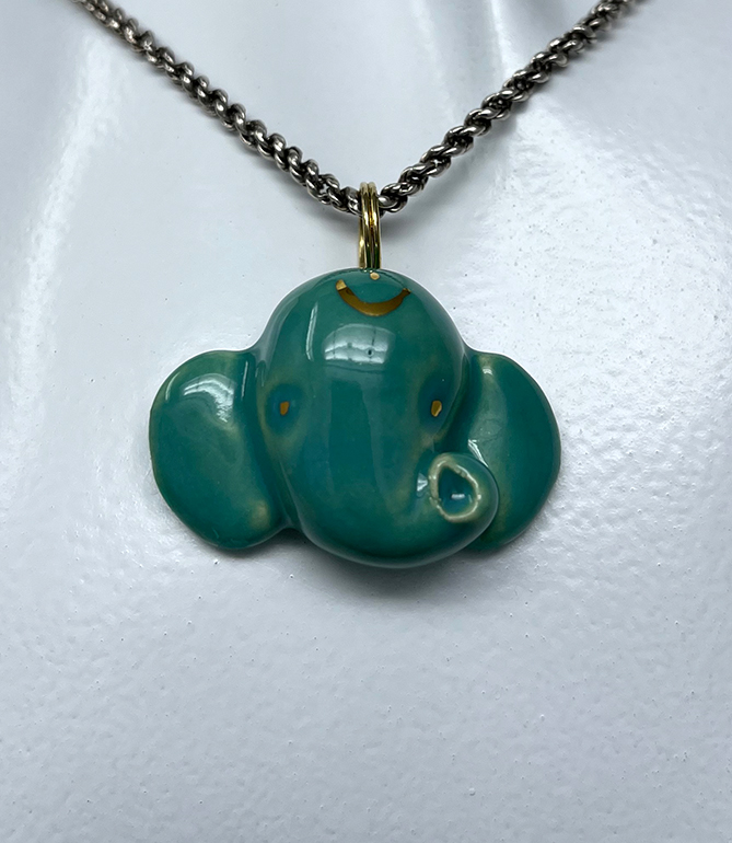 Brigitte Saugstad Pendant-1 Ganesha-jadegreen ceramic pendant, handmade, unique, original, elephant, Ganesha -A