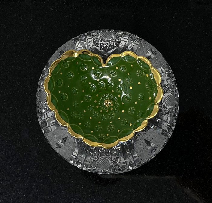 Brigitte Saugstad Papageno-15 heart-darkgreen ceramic bowl, handmade, unique, original -B