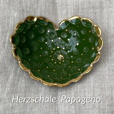 Brigitte Saugstad Papageno-15 heart-darkgreen ceramic bowl, handmade, unique, original -C