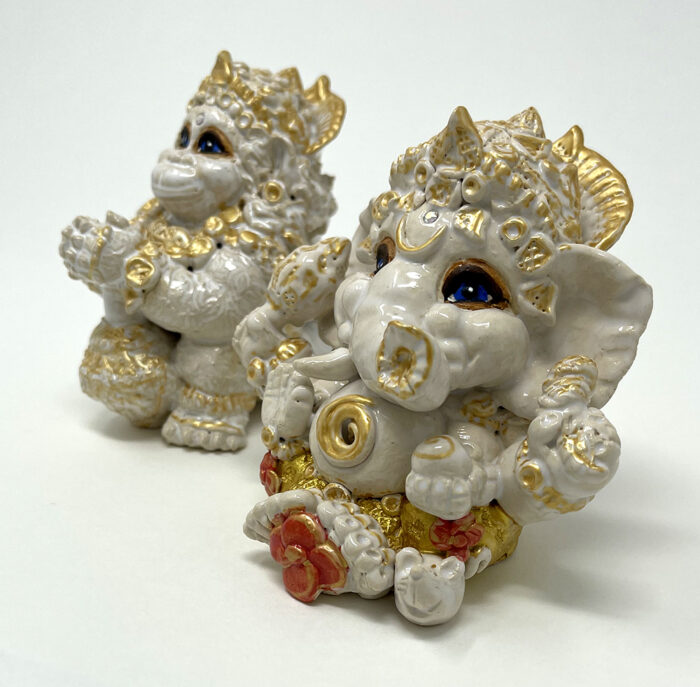Brigitte Saugstad Ganesha-Hanuman-6, ceramic statue, sculpture, idol, figurine, elephant, monkey -E
