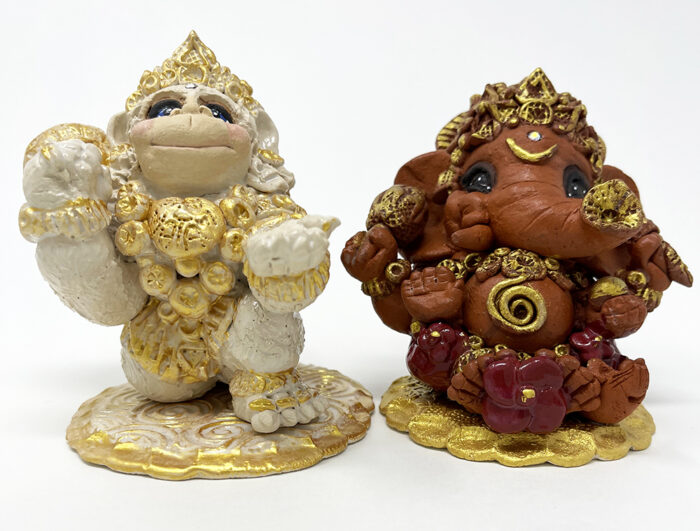 Brigitte Saugstad Ganesha-Hanuman Simple-2, ceramic statue, sculpture, idol, figurine, elephant, monkey -C