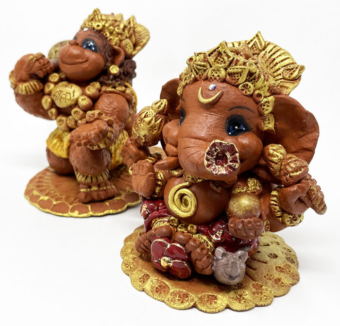 Brigitte Saugstad Ganesha-Hanuman Simple-5, ceramic statue, sculpture, idol, figurine, elephant, monkey -C