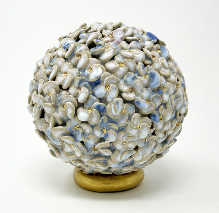 Brigitte Saugstad ViennaBloom-20 white-blue, ceramic statue, sculpture, art nouveau flower sphere -A