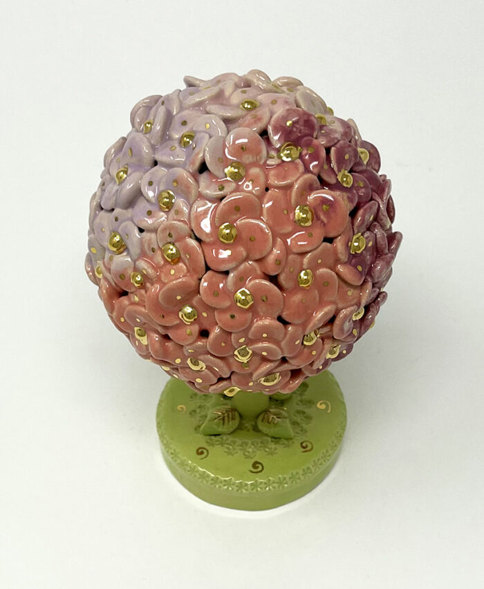 Brigitte Saugstad ViennaBloom Tree-23 pink-peach-plum, ceramic statue, sculpture, art nouveau flower sphere -B