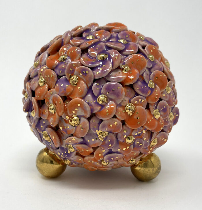 Brigitte Saugstad ViennaBloom-21 orange-plum, ceramic statue, sculpture, art nouveau flower sphere -A