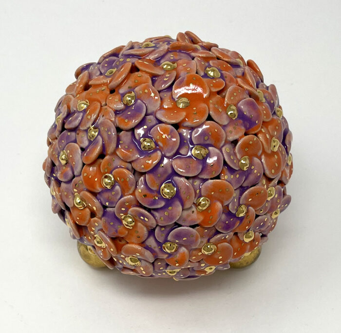 Brigitte Saugstad ViennaBloom-21 orange-plum, ceramic statue, sculpture, art nouveau flower sphere -B